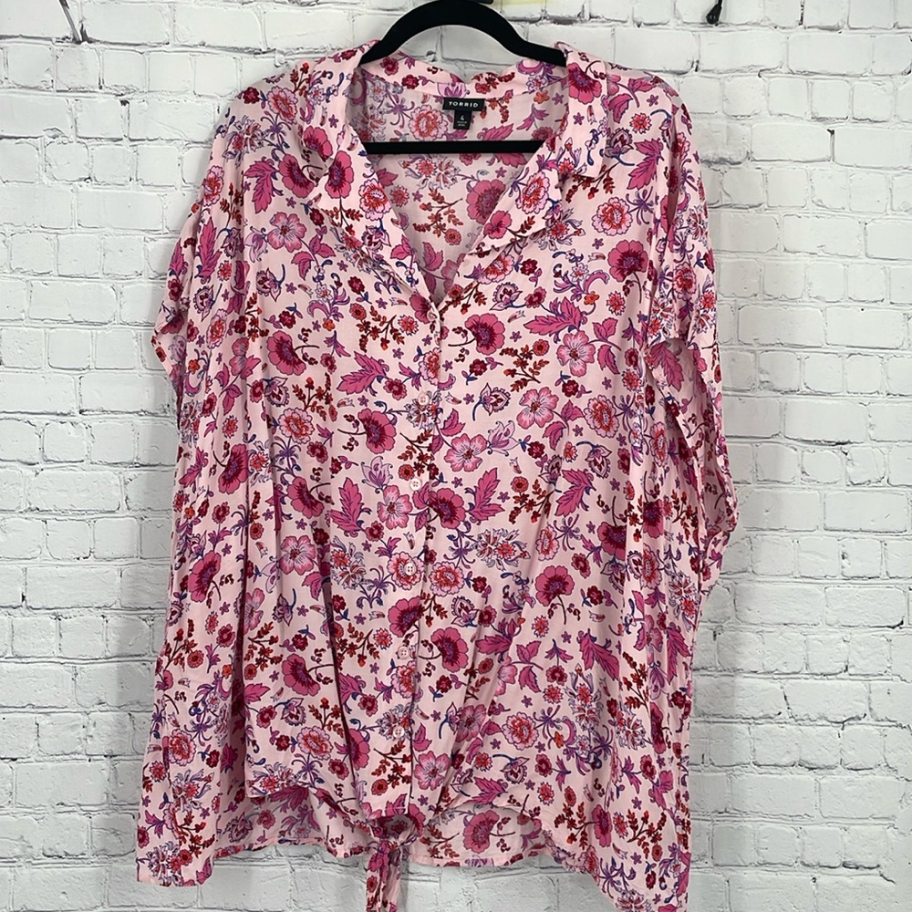 Challis Tie Front Dolman Top Colorful Floral Torrid 4x Pink